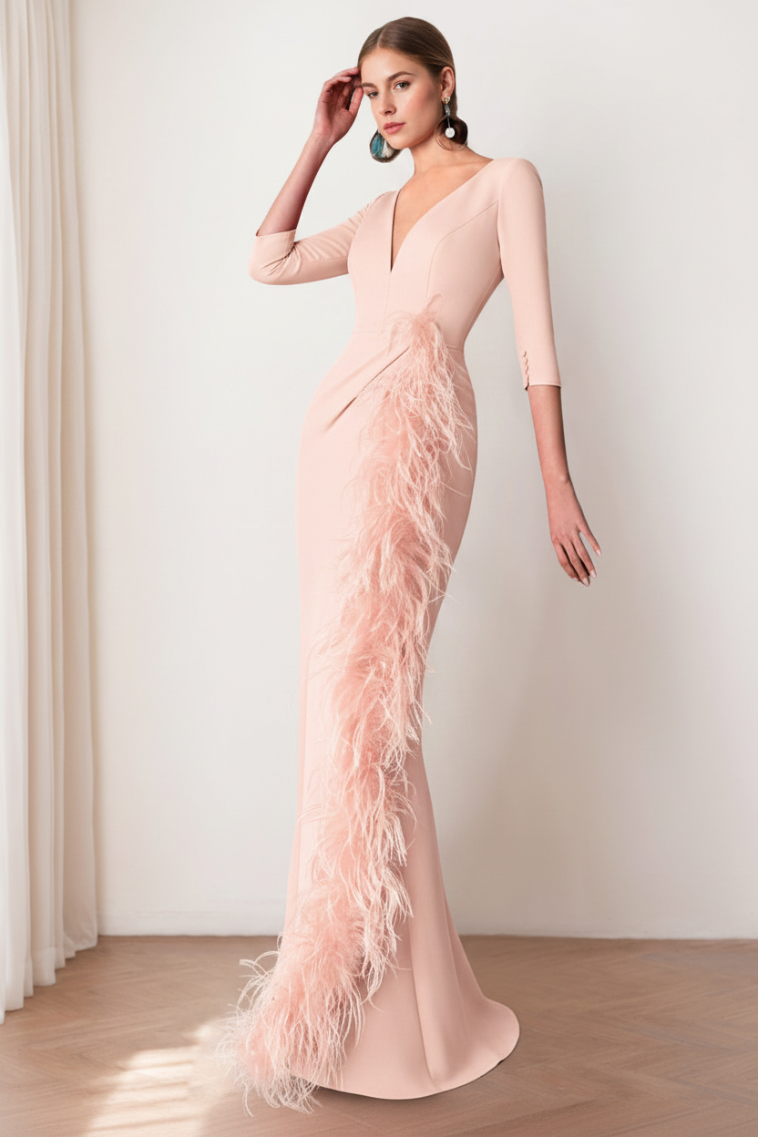 Sheath/Column V-Neck 3/4 Length Sleeves Floor-Length Mother of the Bride dresses with Feathers