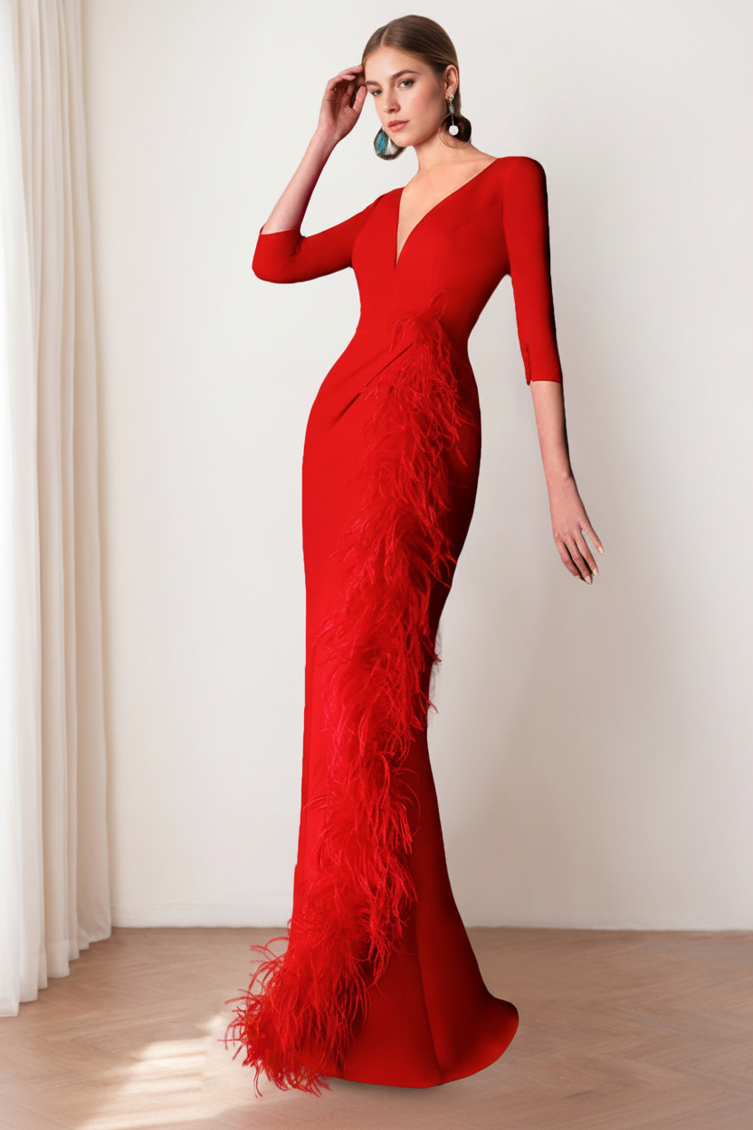Sheath/Column V-Neck 3/4 Length Sleeves Floor-Length Mother of the Bride dresses with Feathers
