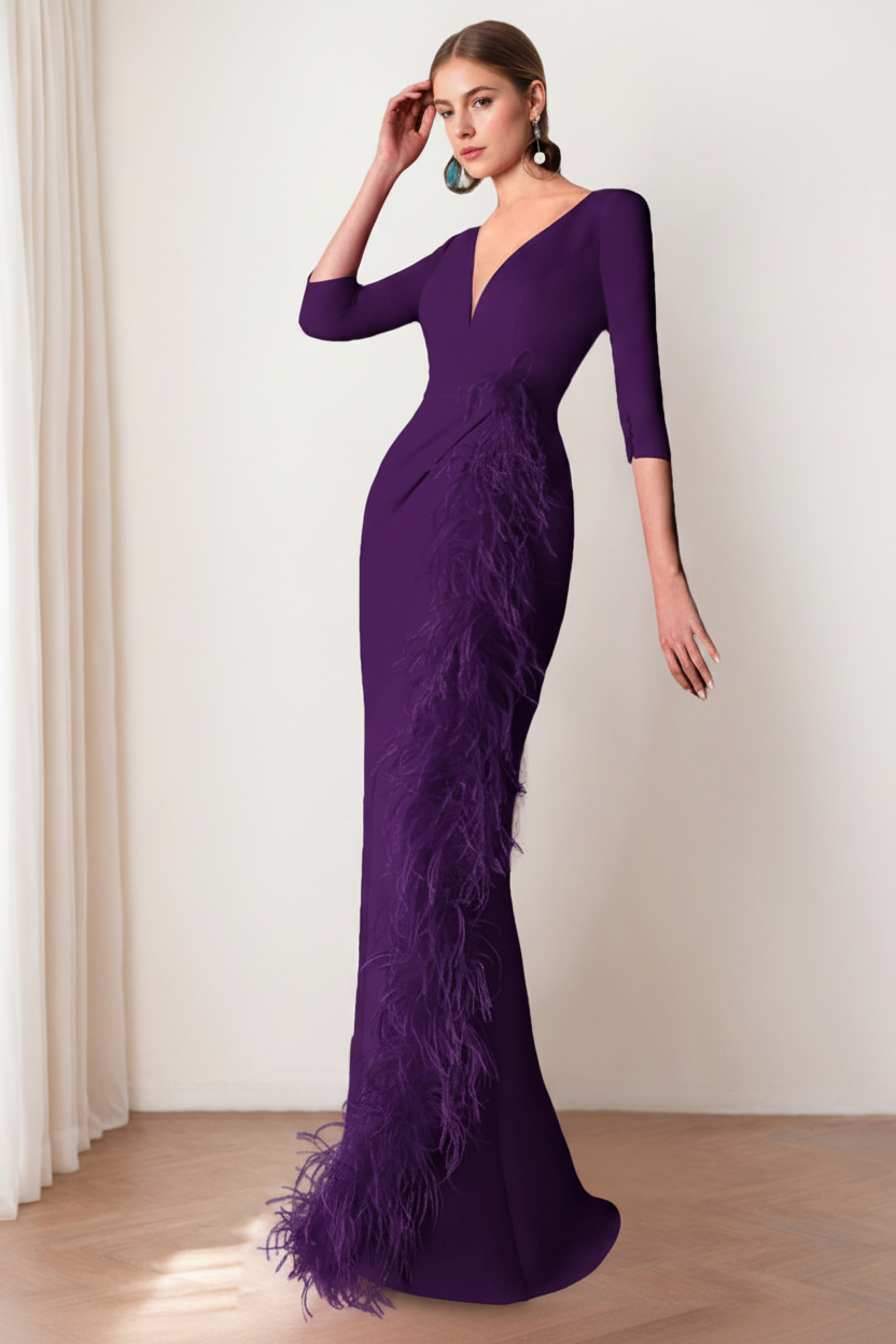 Sheath/Column V-Neck 3/4 Length Sleeves Floor-Length Mother of the Bride dresses with Feathers