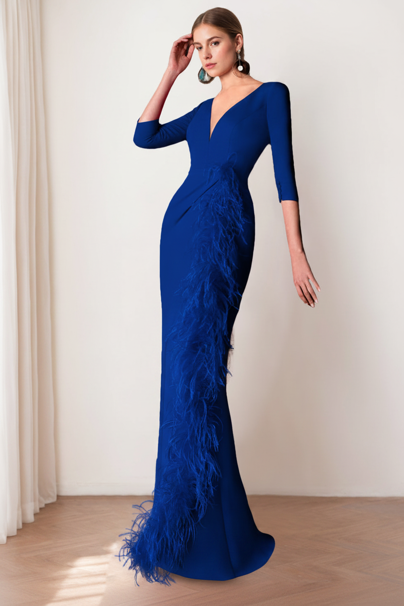Sheath/Column V-Neck 3/4 Length Sleeves Floor-Length Mother of the Bride dresses with Feathers