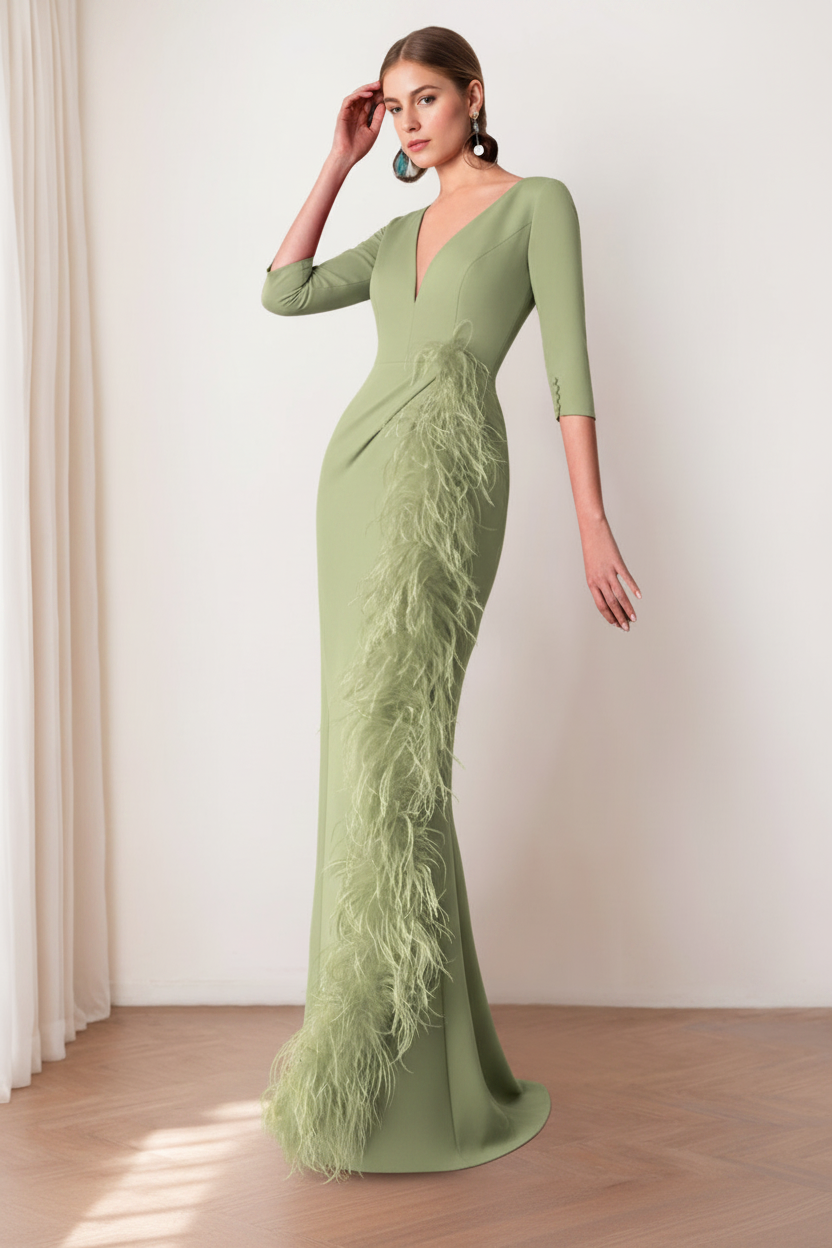 Sheath/Column V-Neck 3/4 Length Sleeves Floor-Length Mother of the Bride dresses with Feathers