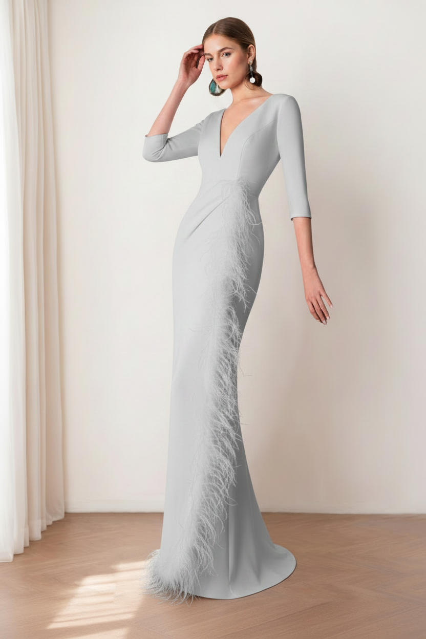 Sheath/Column V-Neck 3/4 Length Sleeves Floor-Length Mother of the Bride dresses with Feathers
