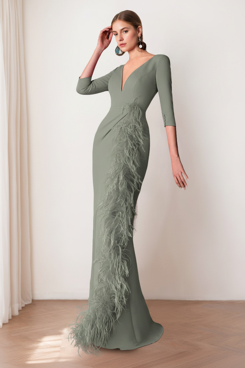 Sheath/Column V-Neck 3/4 Length Sleeves Floor-Length Mother of the Bride dresses with Feathers