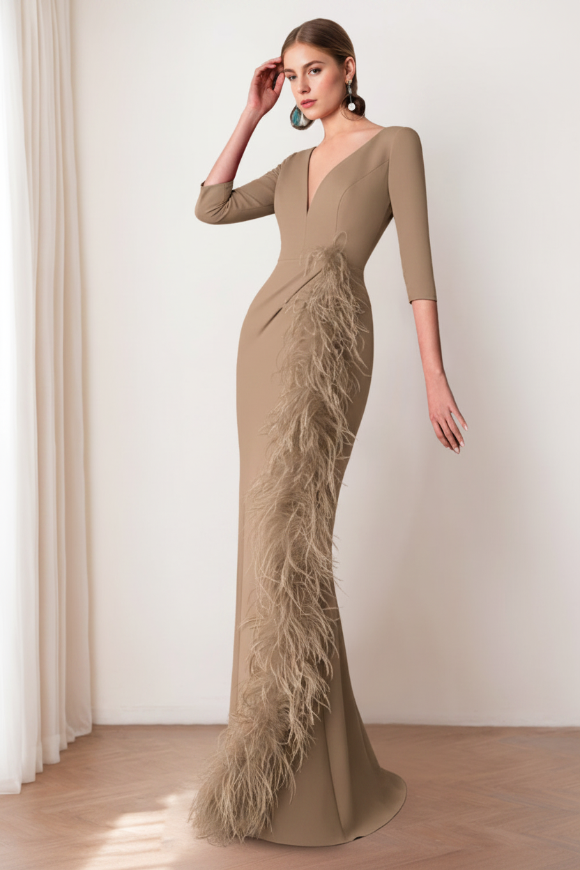 Sheath/Column V-Neck 3/4 Length Sleeves Floor-Length Mother of the Bride dresses with Feathers
