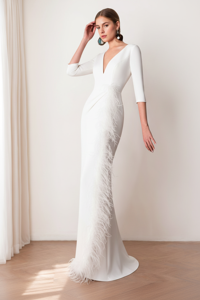 Sheath/Column V-Neck 3/4 Length Sleeves Floor-Length Mother of the Bride dresses with Feathers