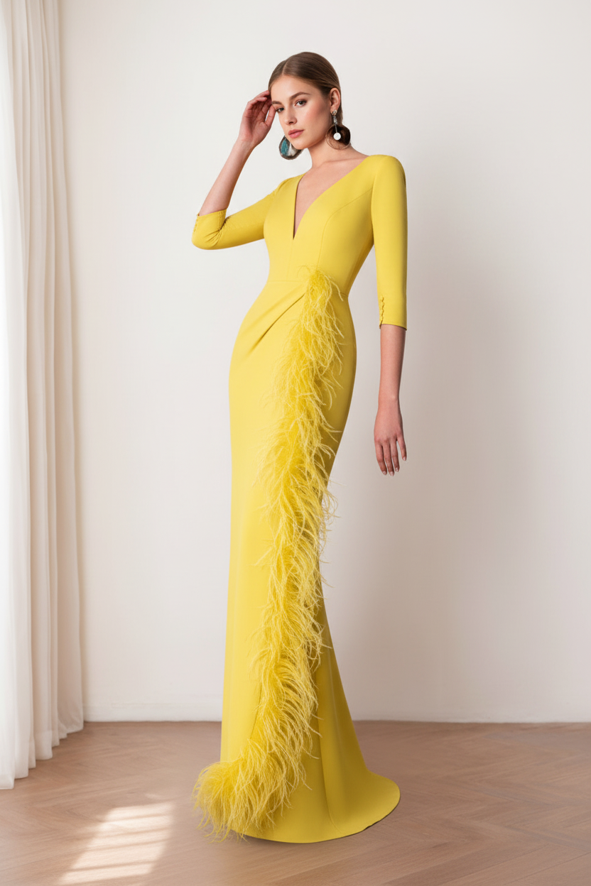 Sheath/Column V-Neck 3/4 Length Sleeves Floor-Length Mother of the Bride dresses with Feathers