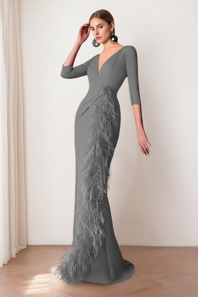Sheath/Column V-Neck 3/4 Length Sleeves Floor-Length Mother of the Bride dresses with Feathers