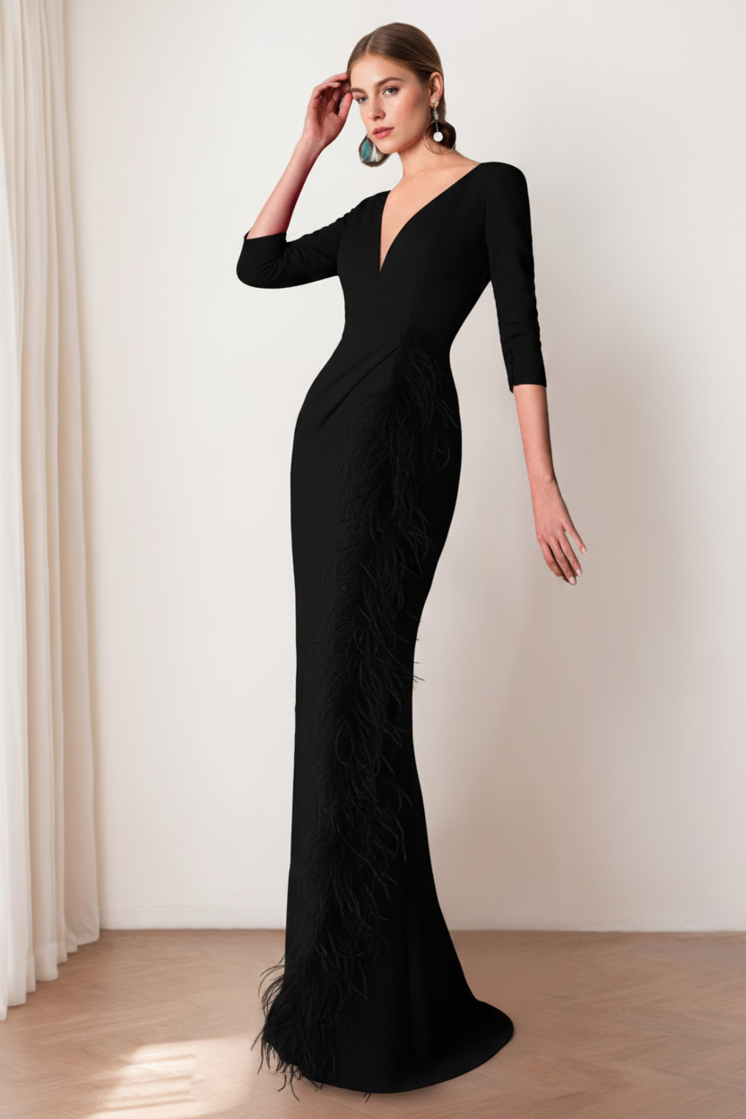 Sheath/Column V-Neck 3/4 Length Sleeves Floor-Length Mother of the Bride dresses with Feathers