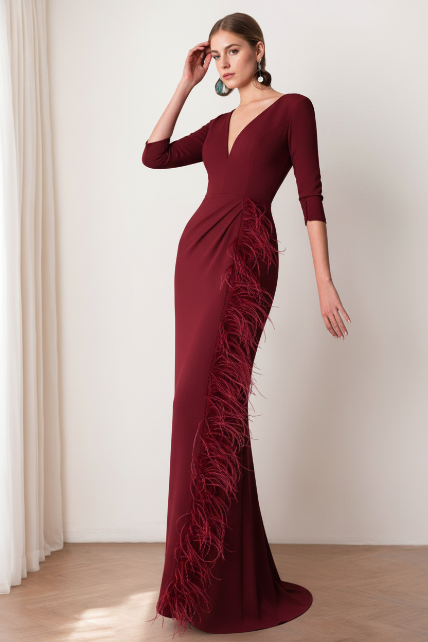 Sheath/Column V-Neck 3/4 Length Sleeves Floor-Length Mother of the Bride dresses with Feathers