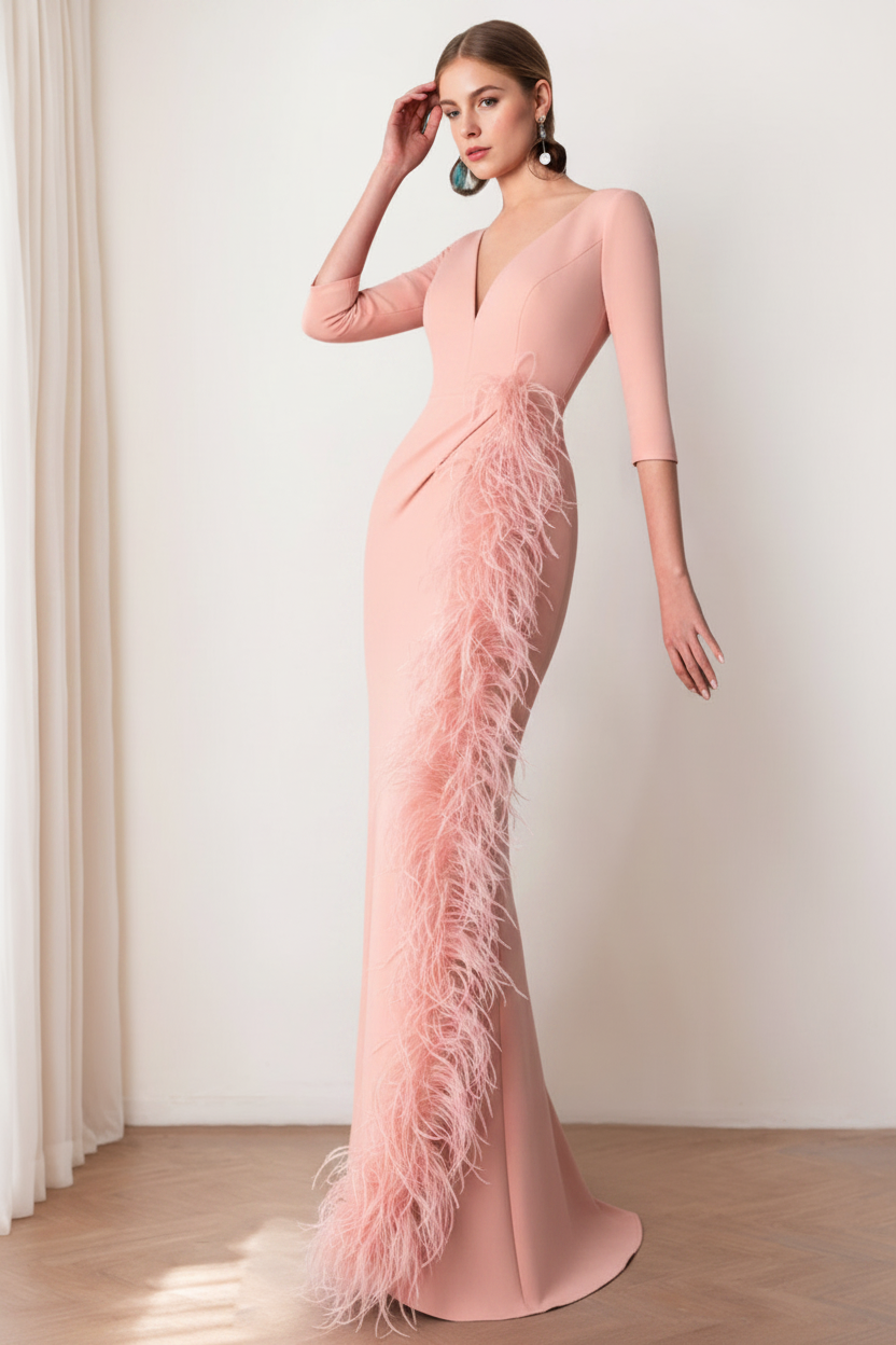 Sheath/Column V-Neck 3/4 Length Sleeves Floor-Length Mother of the Bride dresses with Feathers