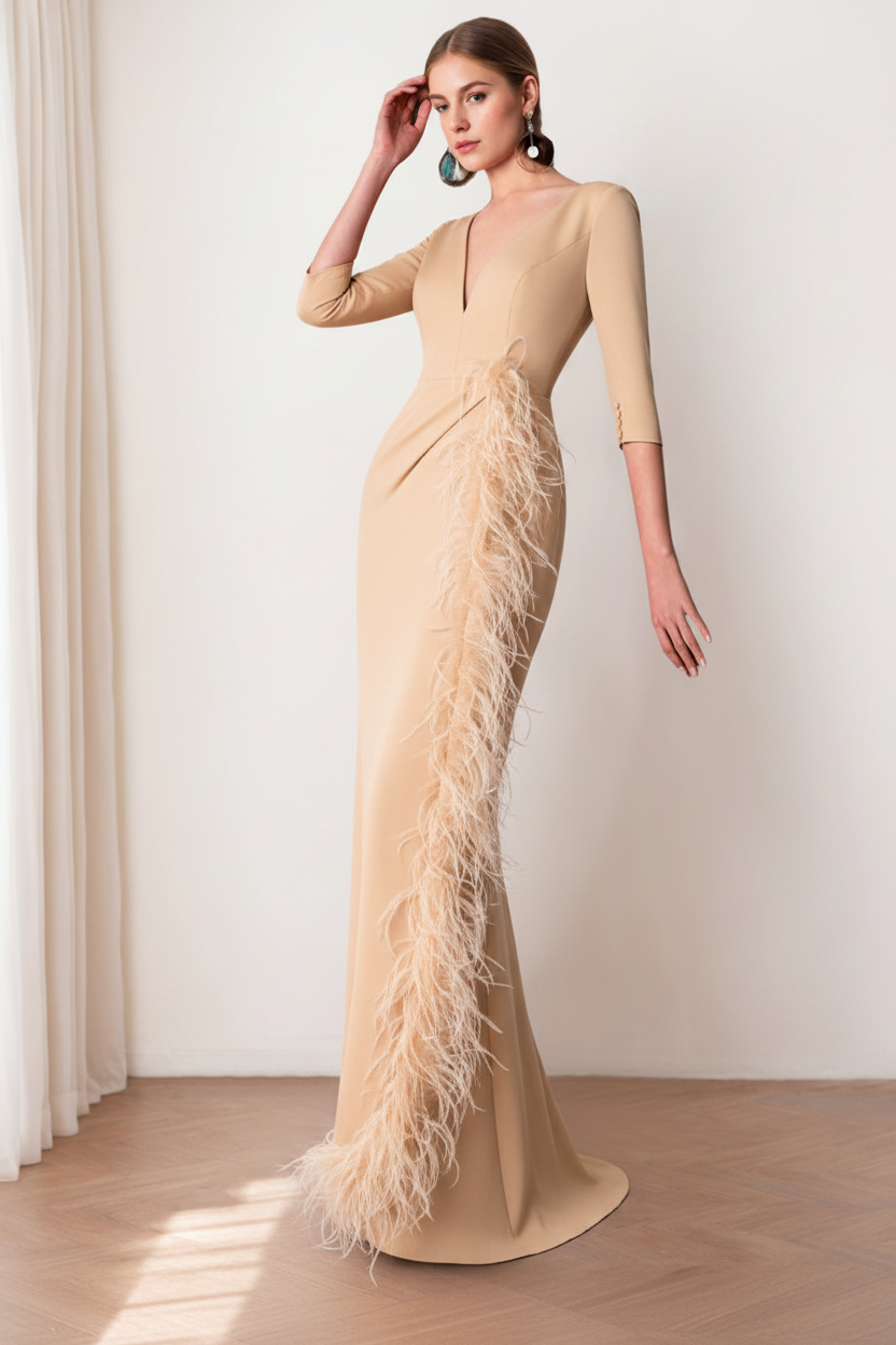 Sheath/Column V-Neck 3/4 Length Sleeves Floor-Length Mother of the Bride dresses with Feathers