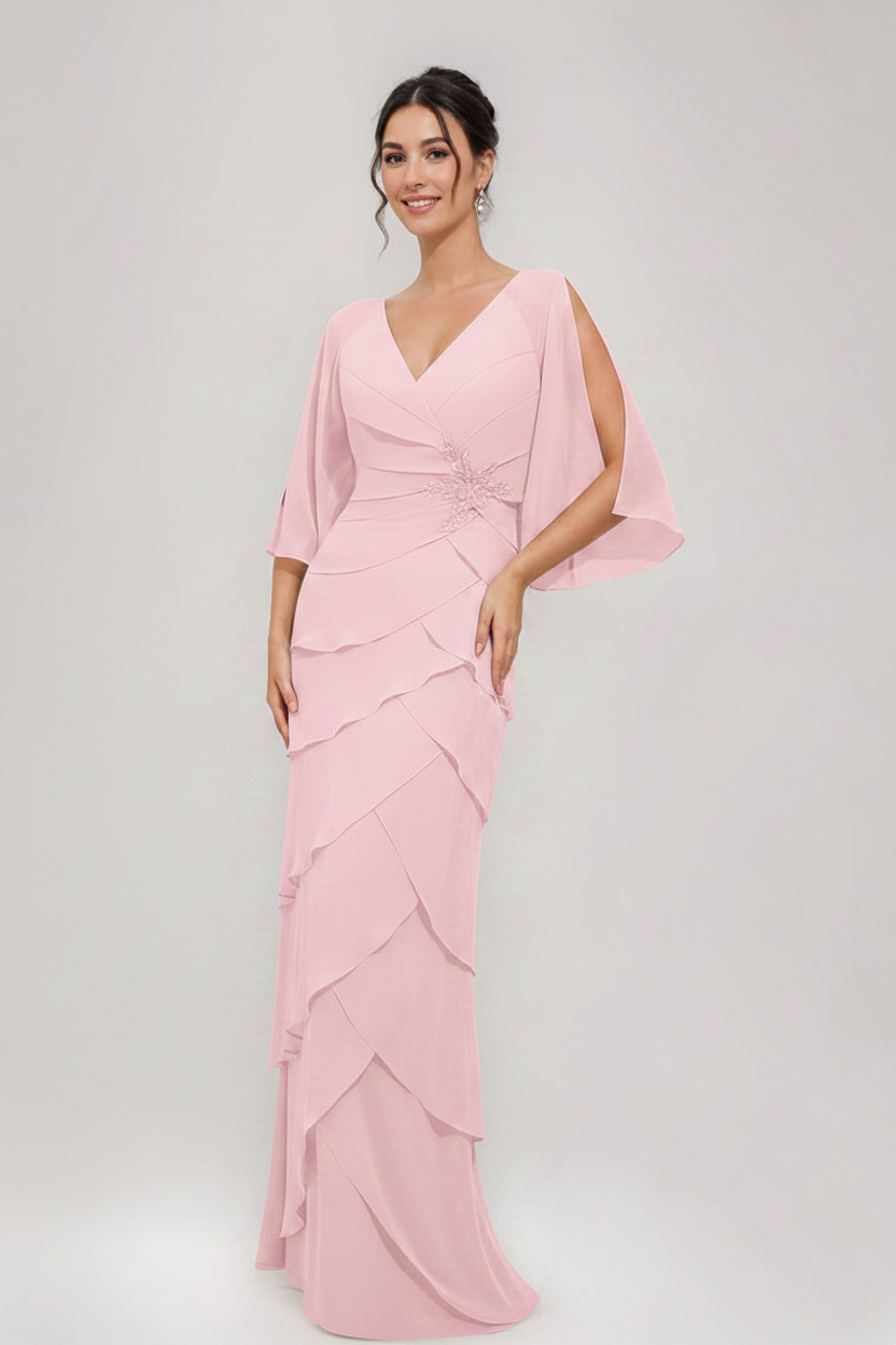 Sheath/Column V-Neck 3/4 Sleeves Mother Of The Bride & Groom Dresses with Appliques & Ruffles