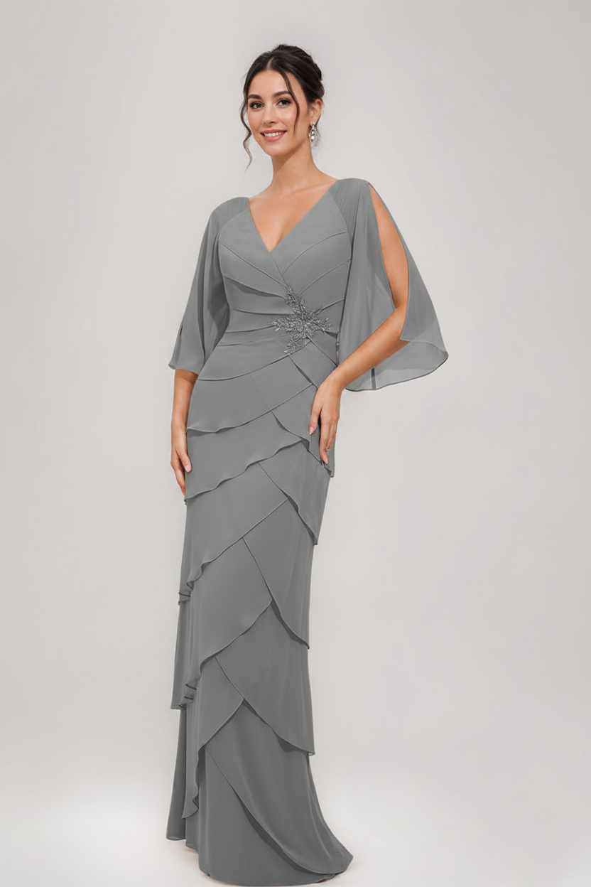 Sheath/Column V-Neck 3/4 Sleeves Mother Of The Bride & Groom Dresses with Appliques & Ruffles