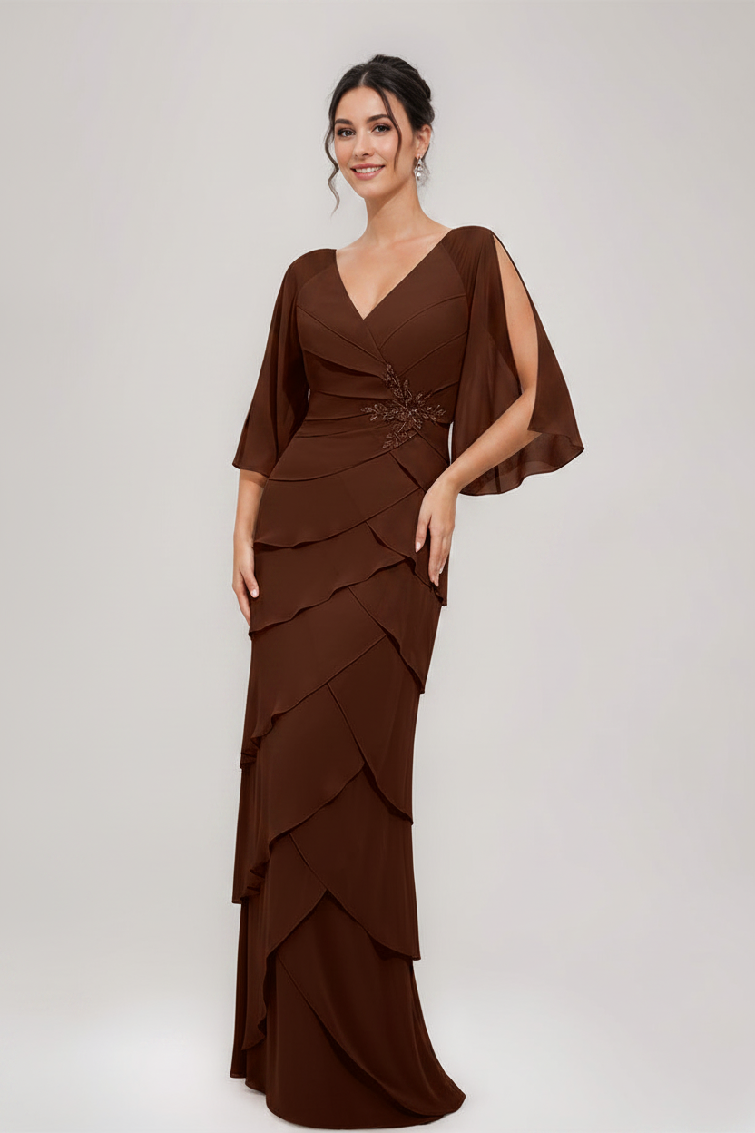 Sheath/Column V-Neck 3/4 Sleeves Mother Of The Bride & Groom Dresses with Appliques & Ruffles