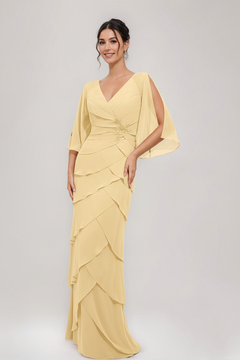 Sheath/Column V-Neck 3/4 Sleeves Mother Of The Bride & Groom Dresses with Appliques & Ruffles