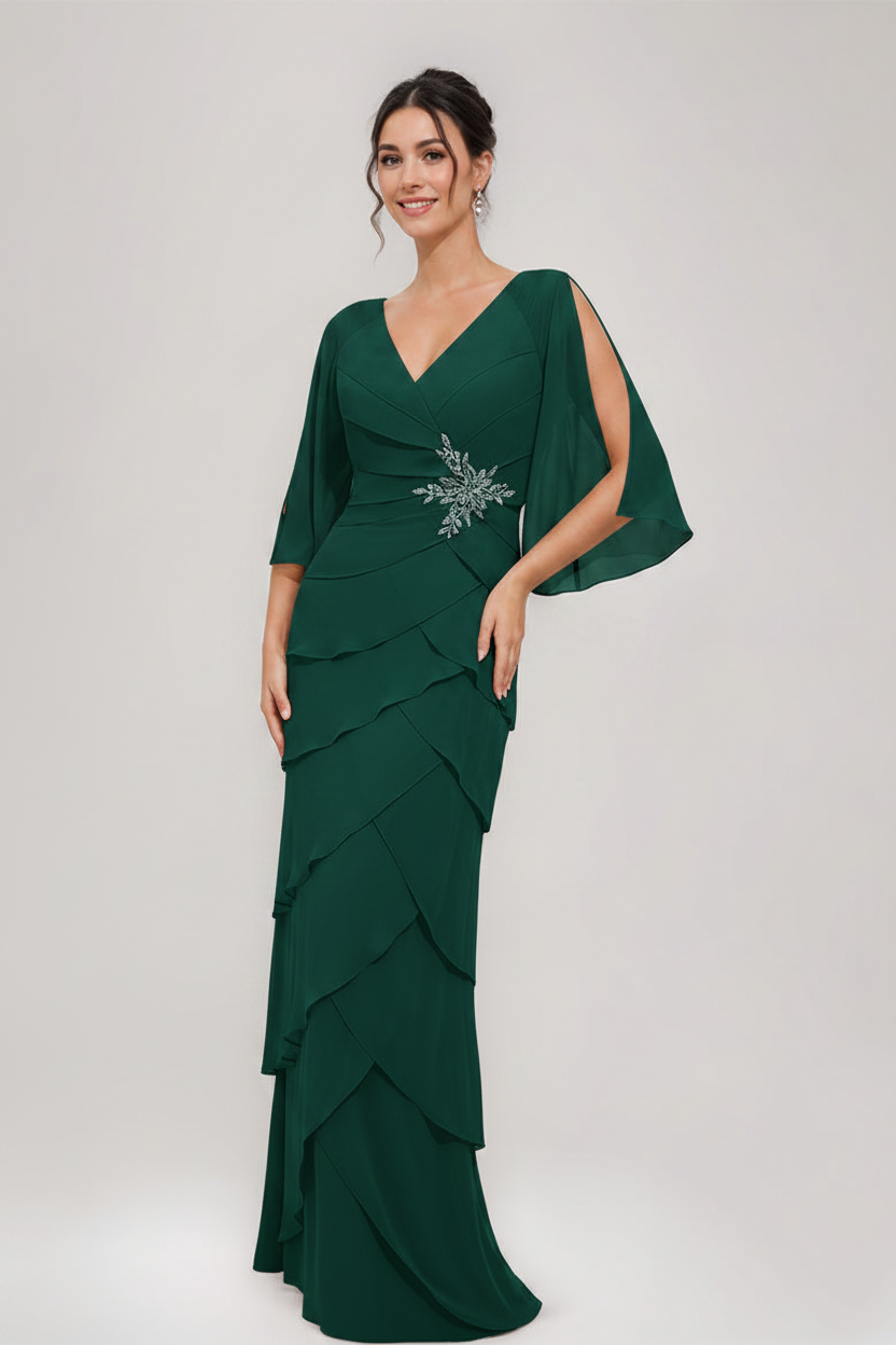 Sheath/Column V-Neck 3/4 Sleeves Mother Of The Bride & Groom Dresses with Appliques & Ruffles