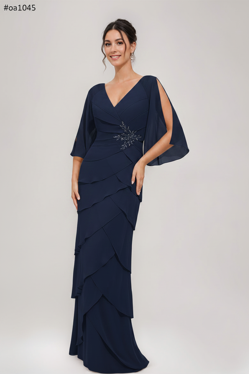 Sheath/Column V-Neck 3/4 Sleeves Mother Of The Bride & Groom Dresses with Appliques & Ruffles