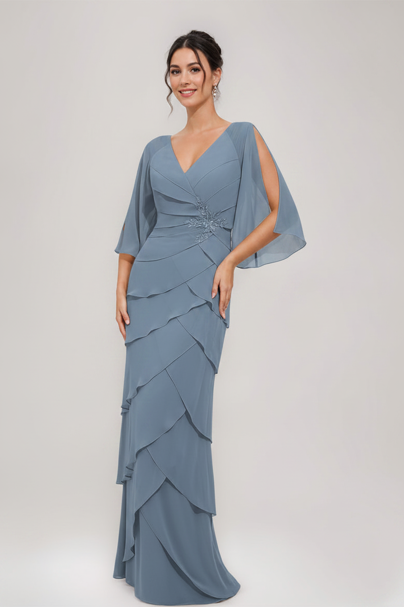Sheath/Column V-Neck 3/4 Sleeves Mother Of The Bride & Groom Dresses with Appliques & Ruffles