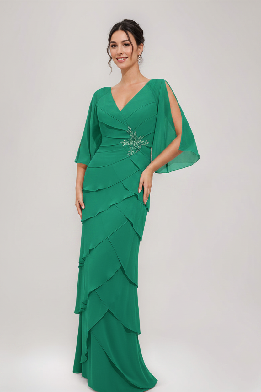 Sheath/Column V-Neck 3/4 Sleeves Mother Of The Bride & Groom Dresses with Appliques & Ruffles