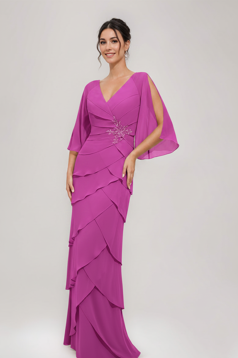 Sheath/Column V-Neck 3/4 Sleeves Mother Of The Bride & Groom Dresses with Appliques & Ruffles