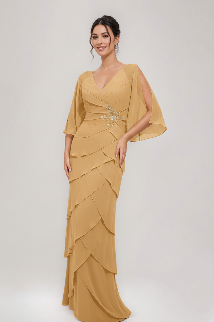 Sheath/Column V-Neck 3/4 Sleeves Mother Of The Bride & Groom Dresses with Appliques & Ruffles
