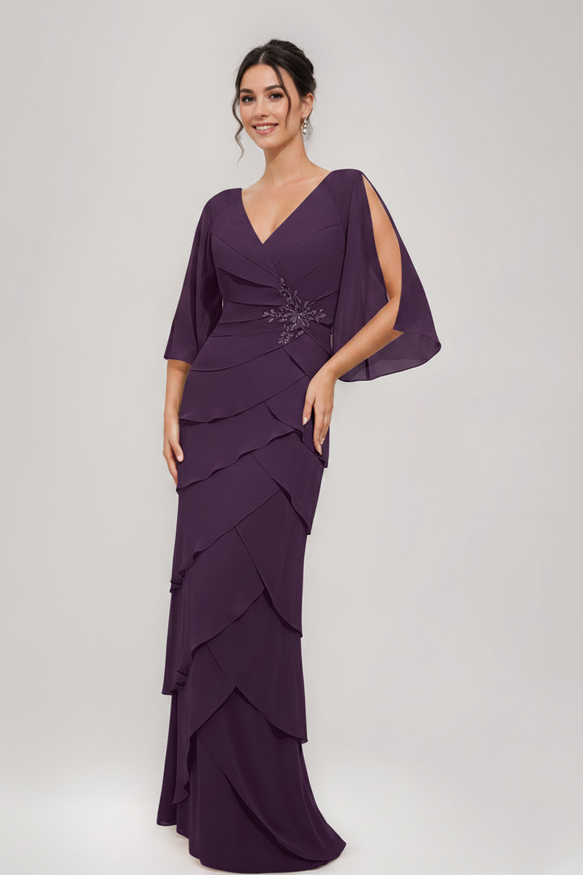 Sheath/Column V-Neck 3/4 Sleeves Mother Of The Bride & Groom Dresses with Appliques & Ruffles