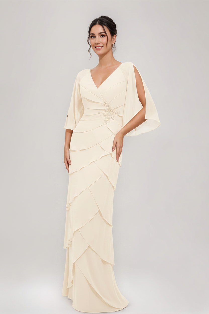 Sheath/Column V-Neck 3/4 Sleeves Mother Of The Bride & Groom Dresses with Appliques & Ruffles