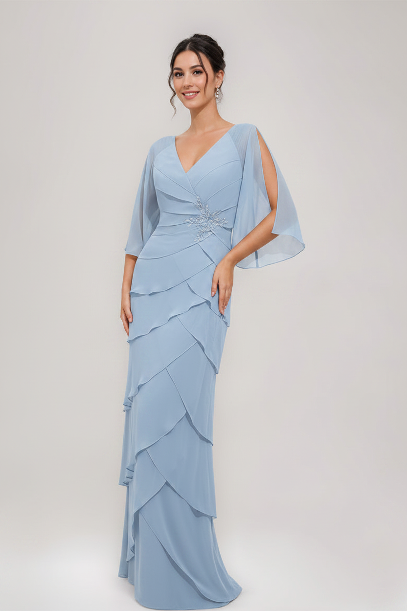 Sheath/Column V-Neck 3/4 Sleeves Mother Of The Bride & Groom Dresses with Appliques & Ruffles
