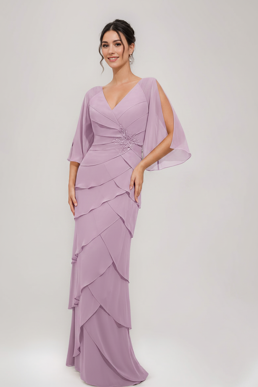 Sheath/Column V-Neck 3/4 Sleeves Mother Of The Bride & Groom Dresses with Appliques & Ruffles