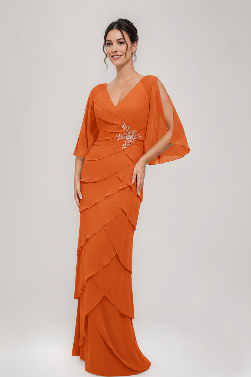 Sheath/Column V-Neck 3/4 Sleeves Mother Of The Bride & Groom Dresses with Appliques & Ruffles
