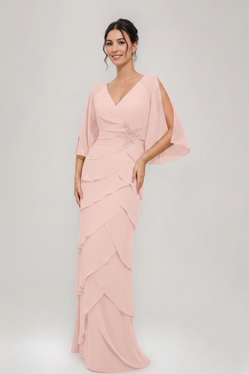 Sheath/Column V-Neck 3/4 Sleeves Mother Of The Bride & Groom Dresses with Appliques & Ruffles