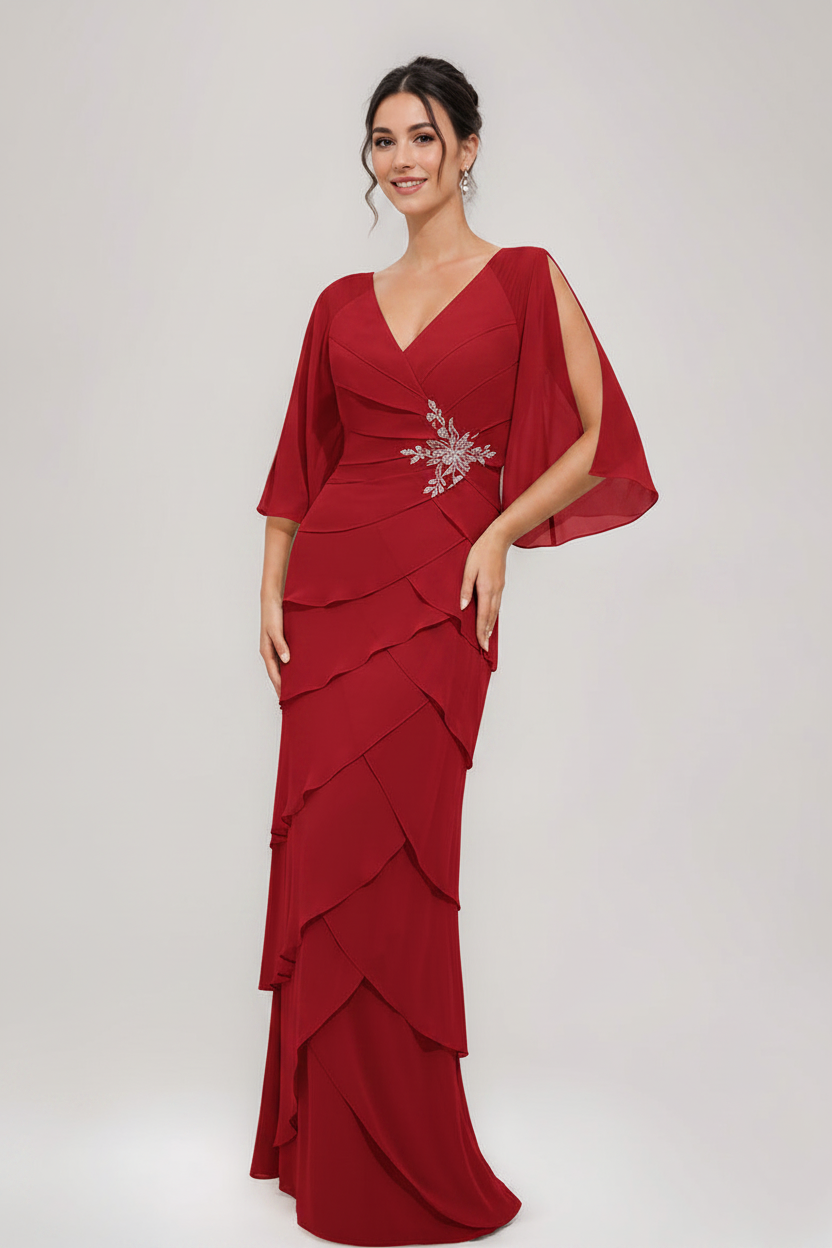 Sheath/Column V-Neck 3/4 Sleeves Mother Of The Bride & Groom Dresses with Appliques & Ruffles