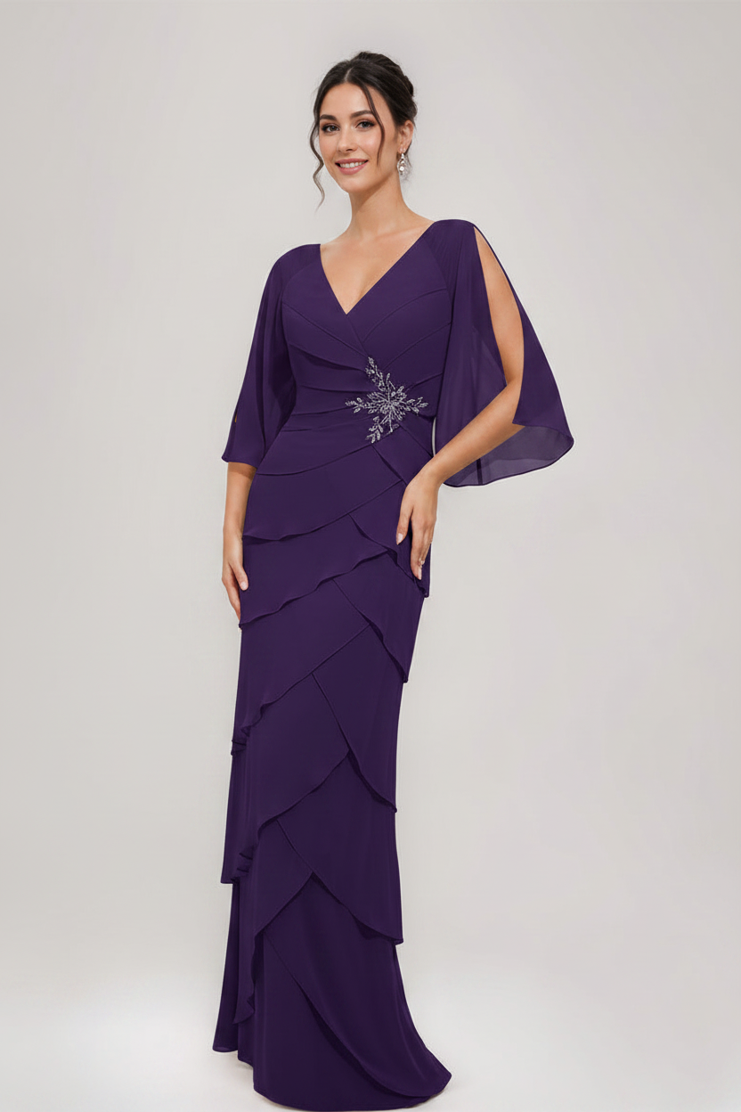 Sheath/Column V-Neck 3/4 Sleeves Mother Of The Bride & Groom Dresses with Appliques & Ruffles