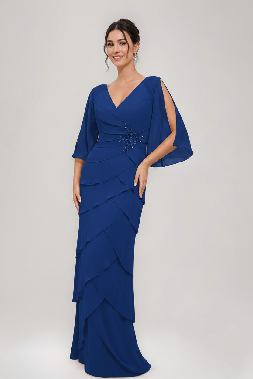 Sheath/Column V-Neck 3/4 Sleeves Mother Of The Bride & Groom Dresses with Appliques & Ruffles