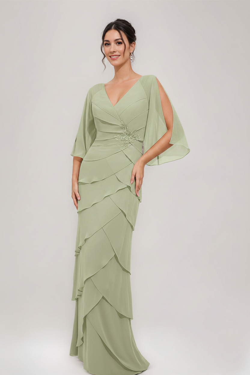 Sheath/Column V-Neck 3/4 Sleeves Mother Of The Bride & Groom Dresses with Appliques & Ruffles