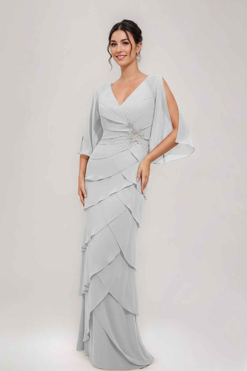Sheath/Column V-Neck 3/4 Sleeves Mother Of The Bride & Groom Dresses with Appliques & Ruffles