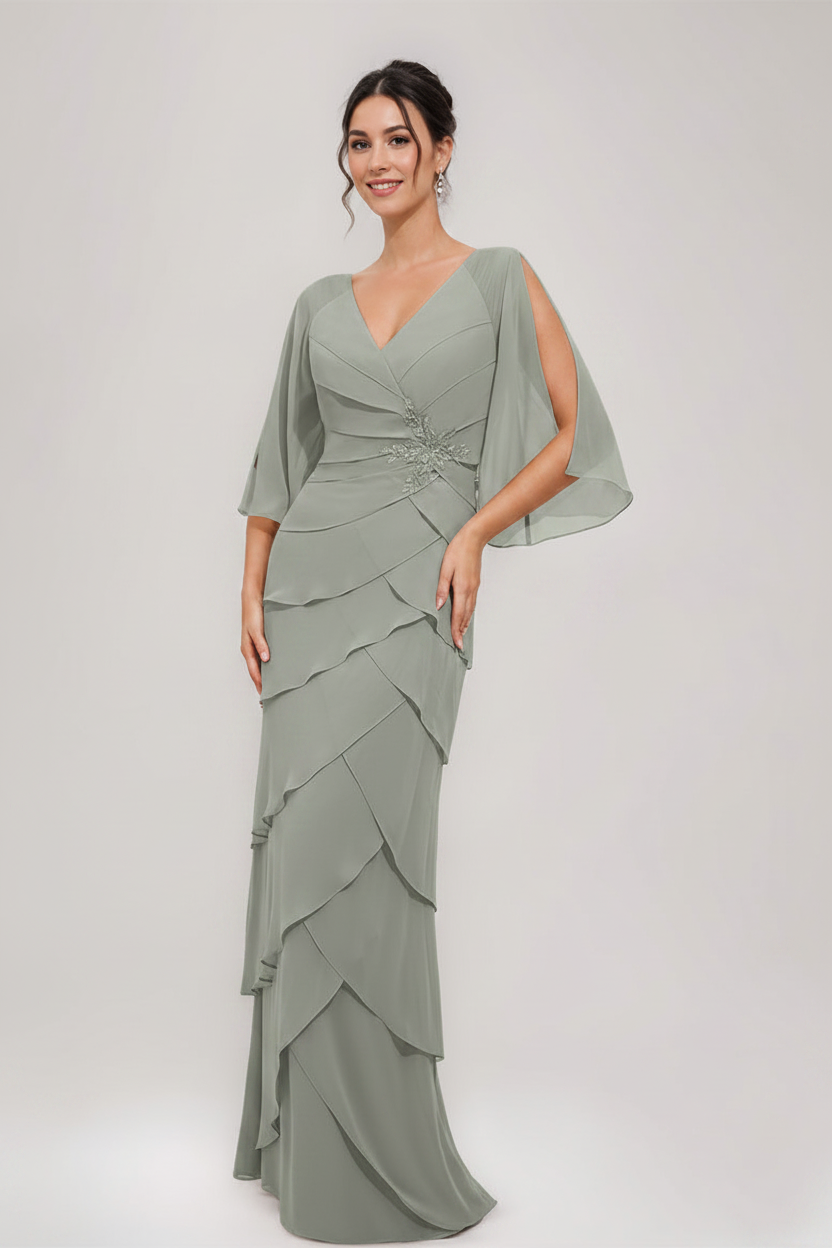 Sheath/Column V-Neck 3/4 Sleeves Mother Of The Bride & Groom Dresses with Appliques & Ruffles