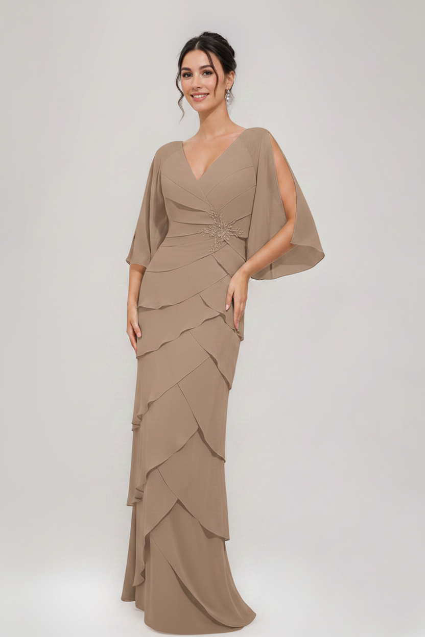 Sheath/Column V-Neck 3/4 Sleeves Mother Of The Bride & Groom Dresses with Appliques & Ruffles