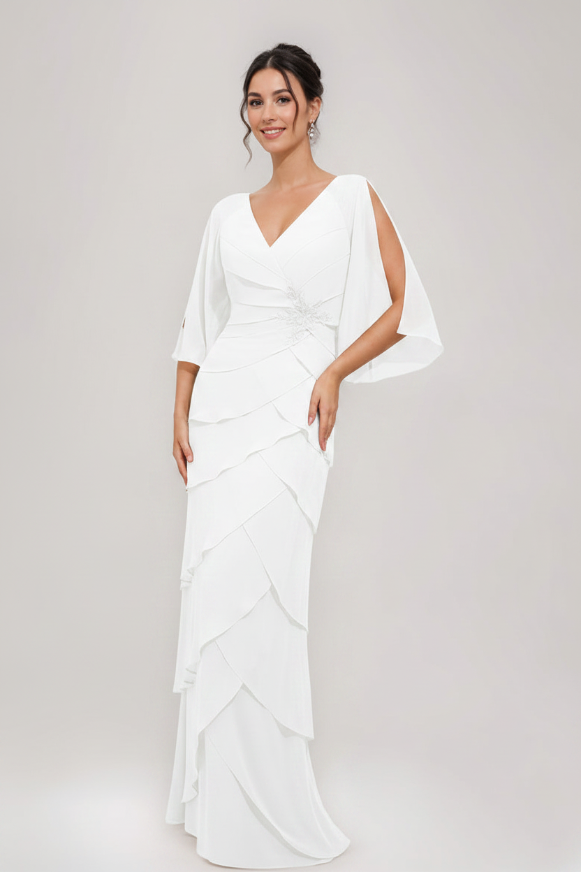 Sheath/Column V-Neck 3/4 Sleeves Mother Of The Bride & Groom Dresses with Appliques & Ruffles