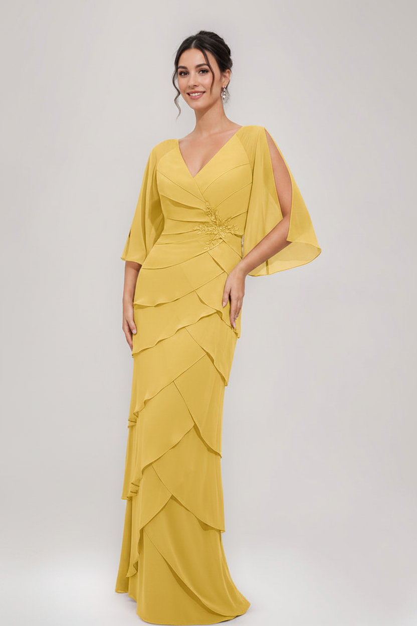Sheath/Column V-Neck 3/4 Sleeves Mother Of The Bride & Groom Dresses with Appliques & Ruffles