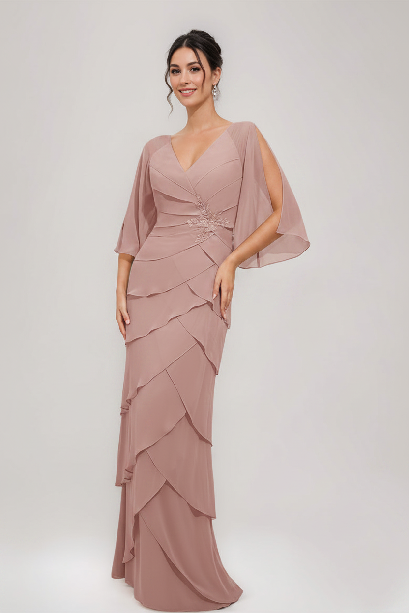 Sheath/Column V-Neck 3/4 Sleeves Mother Of The Bride & Groom Dresses with Appliques & Ruffles