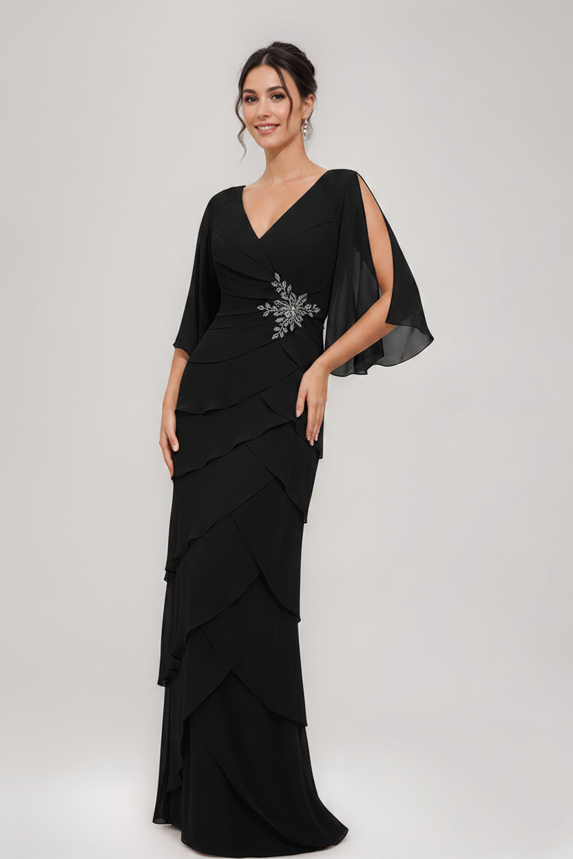 Sheath/Column V-Neck 3/4 Sleeves Mother Of The Bride & Groom Dresses with Appliques & Ruffles