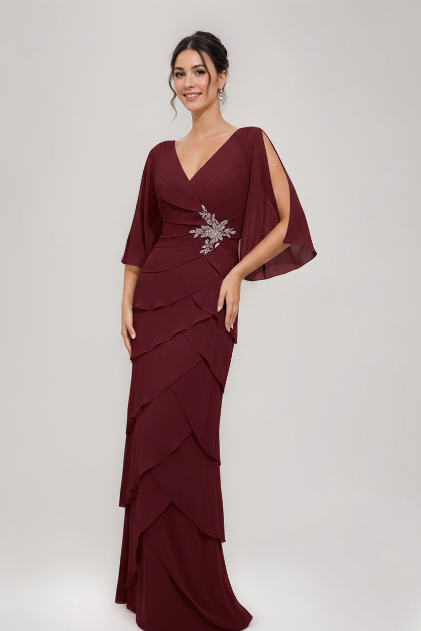 Sheath/Column V-Neck 3/4 Sleeves Mother Of The Bride & Groom Dresses with Appliques & Ruffles
