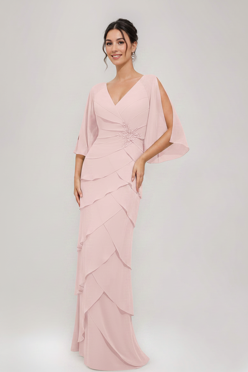 Sheath/Column V-Neck 3/4 Sleeves Mother Of The Bride & Groom Dresses with Appliques & Ruffles