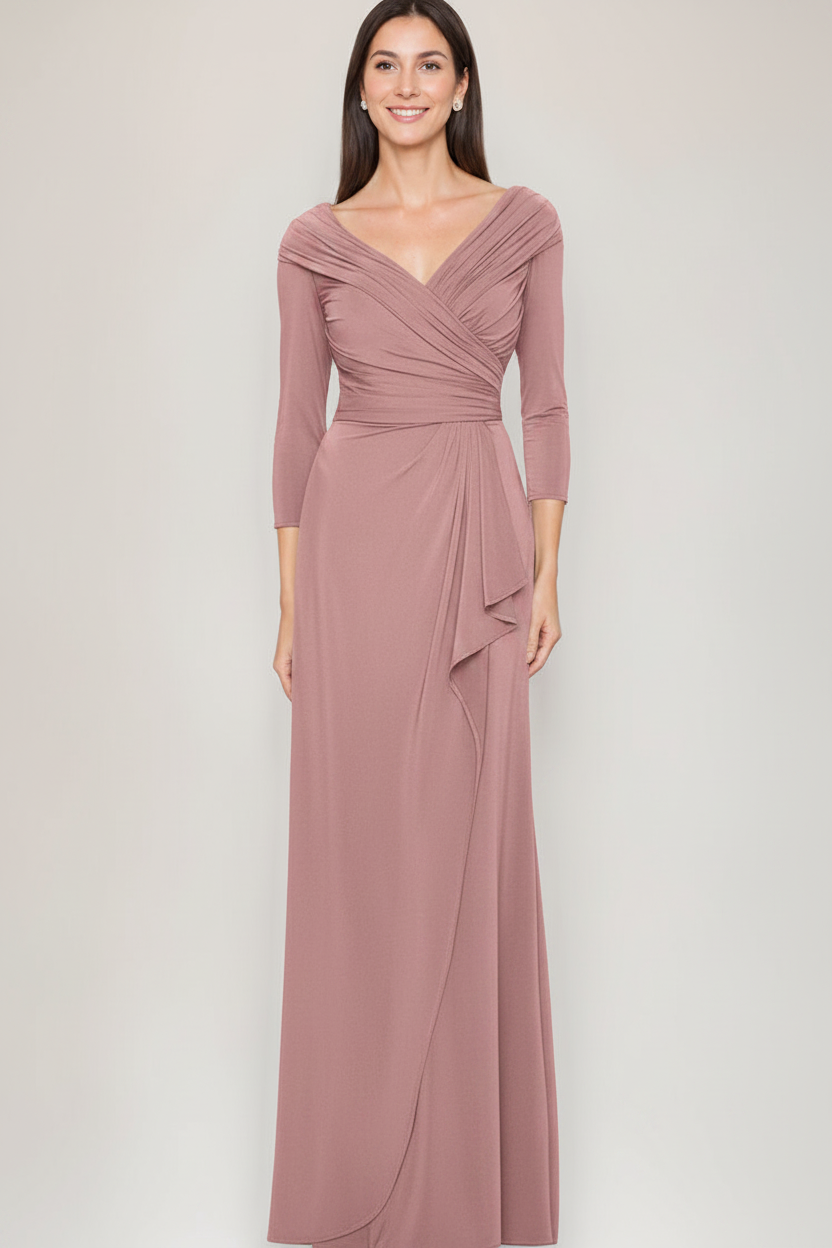 Sheath/Column V-Neck 3/4 Sleeves Ruched Mother Of The Bride & Groom Dresses with Ruffles