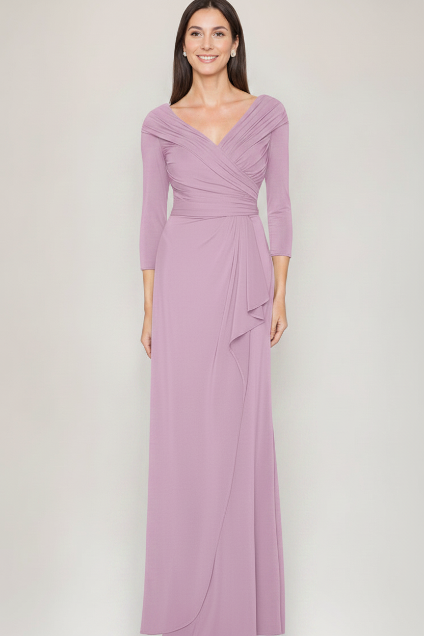 Sheath/Column V-Neck 3/4 Sleeves Ruched Mother Of The Bride & Groom Dresses with Ruffles