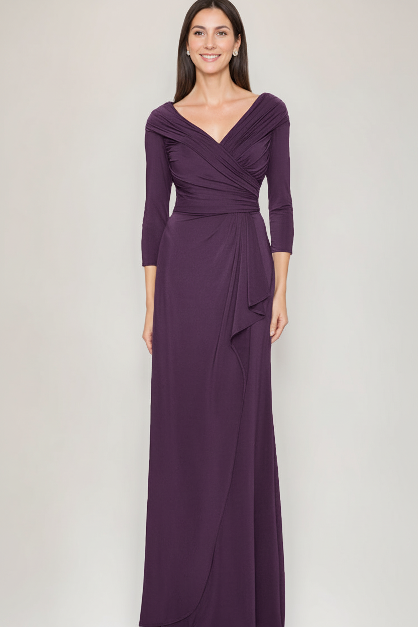 Sheath/Column V-Neck 3/4 Sleeves Ruched Mother Of The Bride & Groom Dresses with Ruffles