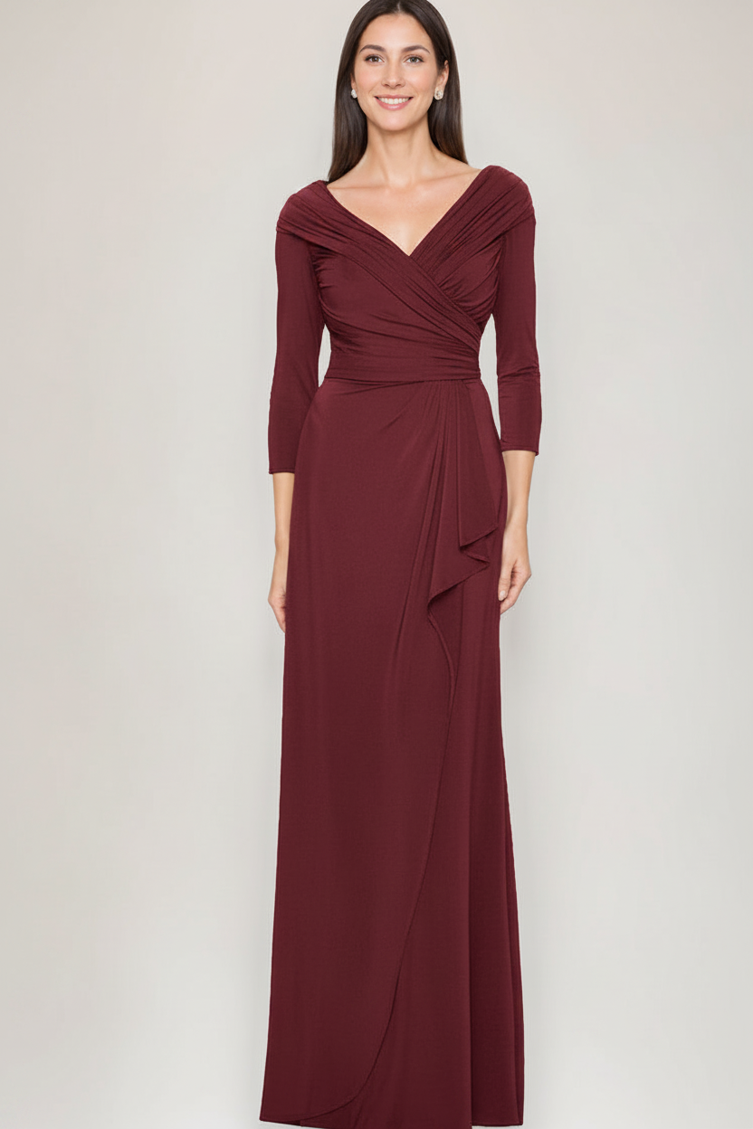 Sheath/Column V-Neck 3/4 Sleeves Ruched Mother Of The Bride & Groom Dresses with Ruffles