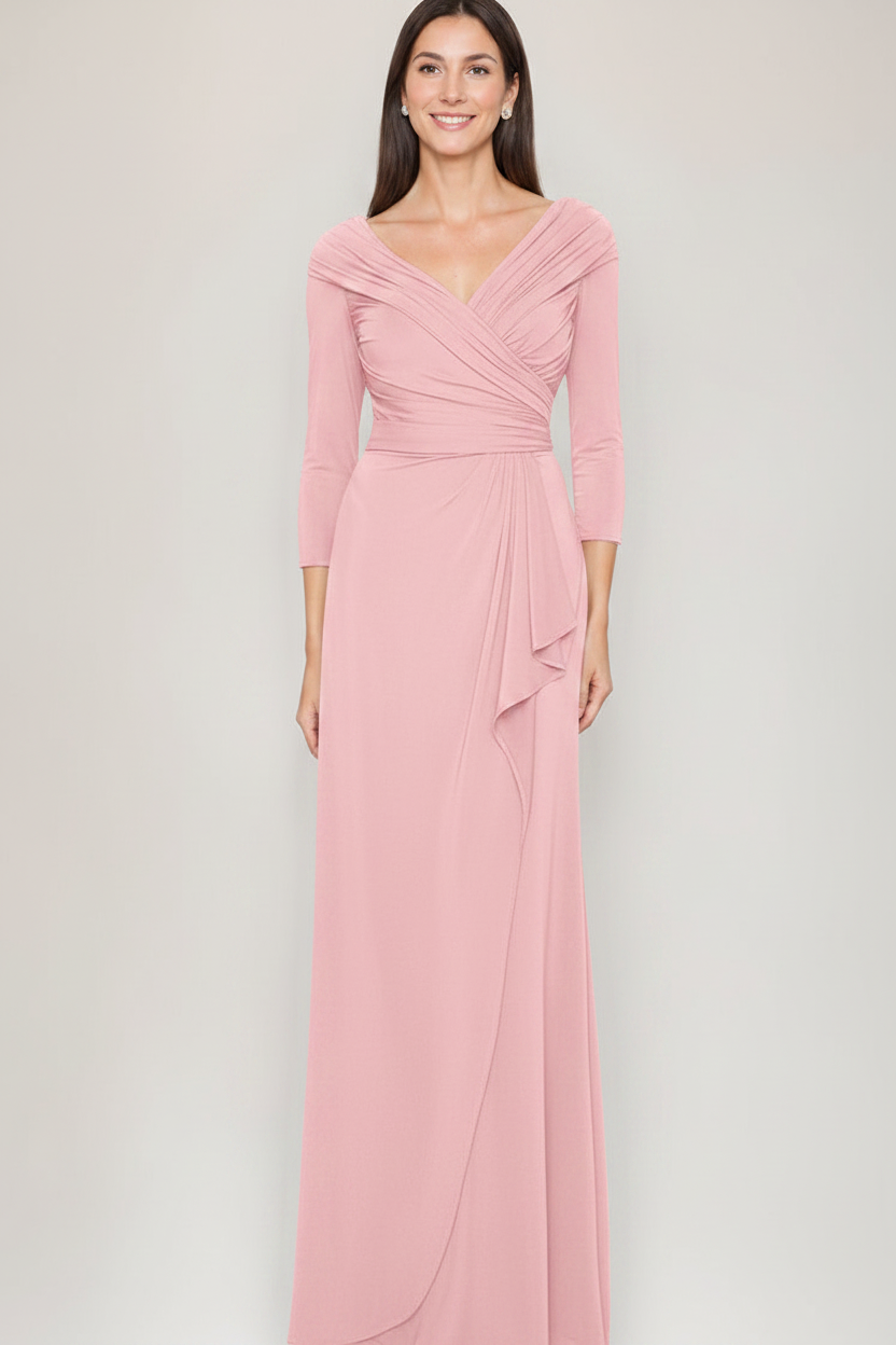 Sheath/Column V-Neck 3/4 Sleeves Ruched Mother Of The Bride & Groom Dresses with Ruffles