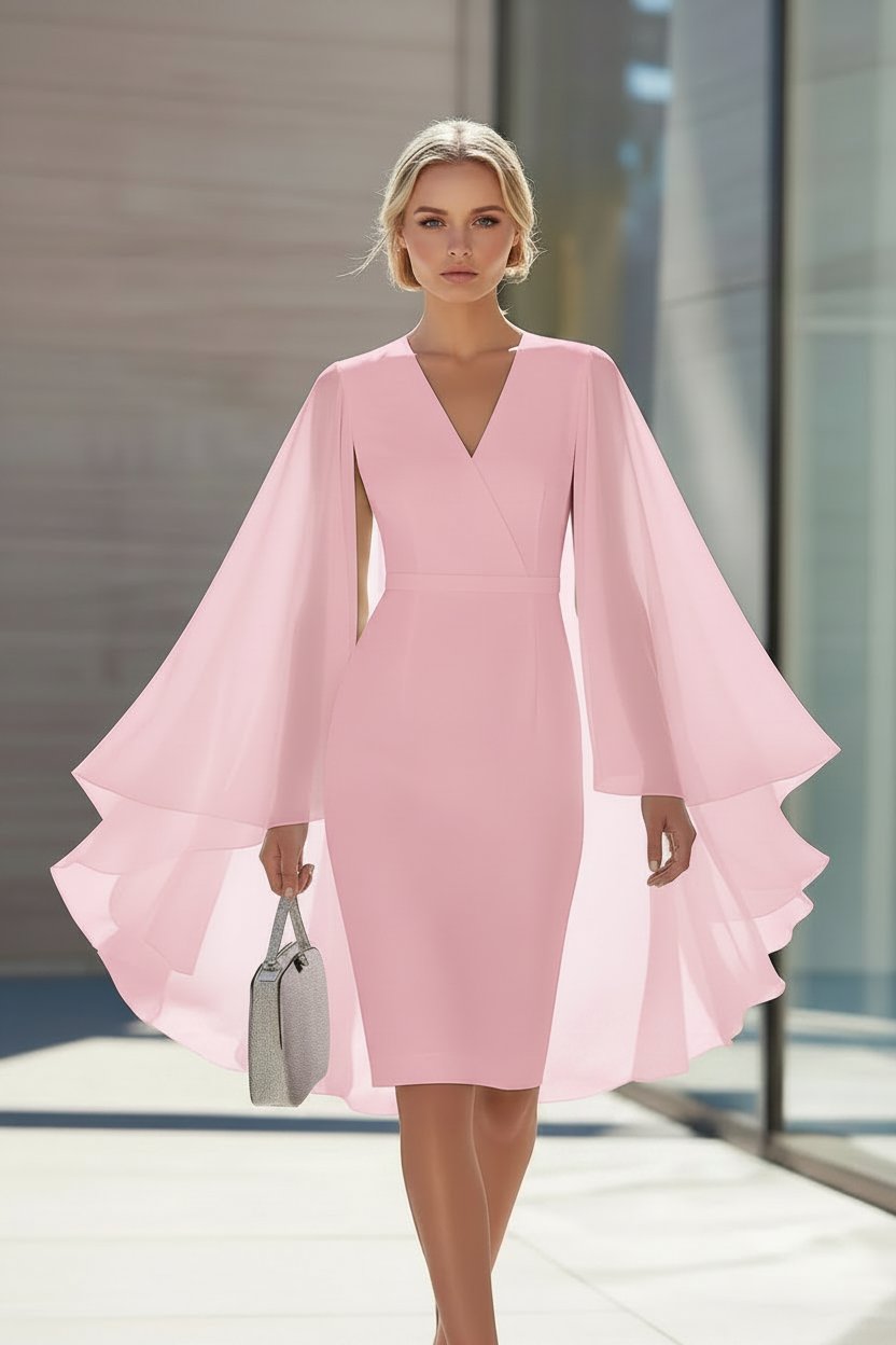 Sheath/Column V-Neck Chiffon Mother of the Bride Dresses Knee-Length Cape Sleeves Cocktail Dress